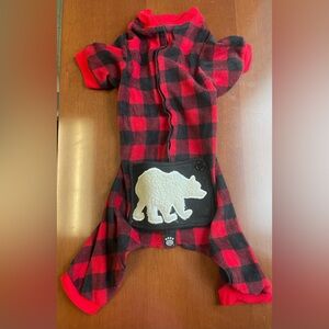 Red and Black Plaid Dog Onesie with Bear Patch